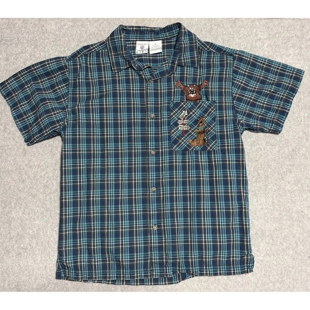 Vintage Warner Bros Kids Youth XL Scooby Doo Plaid Button Down Embroidered